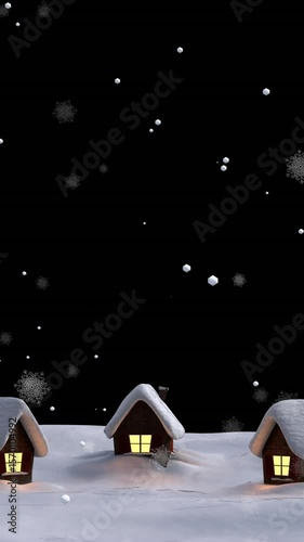 Animation of snow falling over christmas winter scenery with houses background