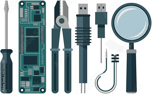 A collection of repair tools including a circuit board and a magnifying glass