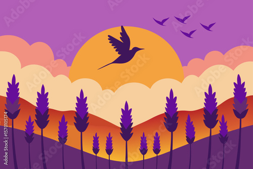 lavender rows stretching  under sunset with humming