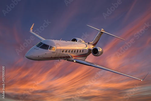 Sleek private jet soars through vibrant skies during sunset, embodying luxury travel