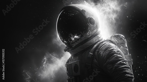 Astronaut contemplates the vastness of Space, a black and white portrayal of a figure in a Spacesuit amidst a sea of Stars and Galaxies, evoking a sense of exploration and wonder