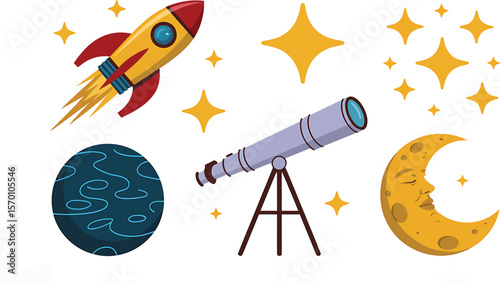 Illustration of a rocket, planet, telescope, moon, and stars on a white background