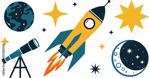 Illustration of a rocket planet stars moon and telescope on a light background