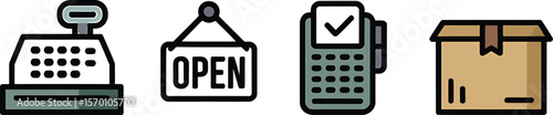 Illustration of cash register open sign pos terminal and cardboard box icons