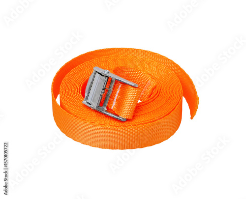 Trailer strop or strap  with  metal tie isolated on white. Cargo restraint strap