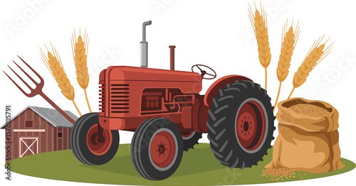 A red tractor with wheat stalks, a barn, and a bag of grain on a green field