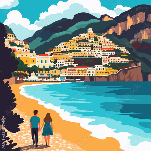 Colorful Coastal Village Overlooking the Sea