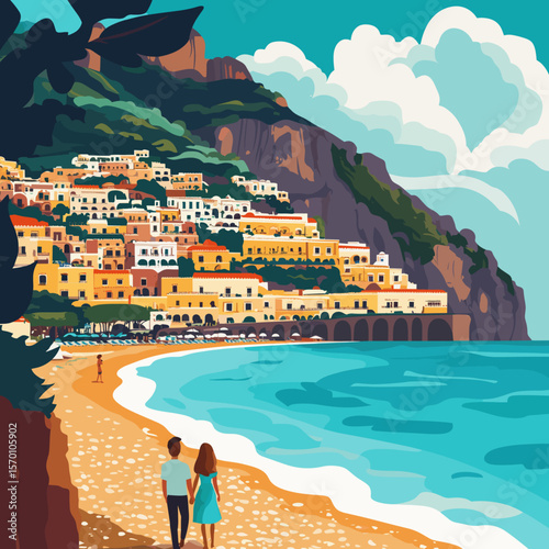 Colorful Coastal Village Overlooking the Sea