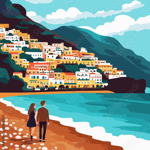 Colorful Coastal Village Overlooking the Sea