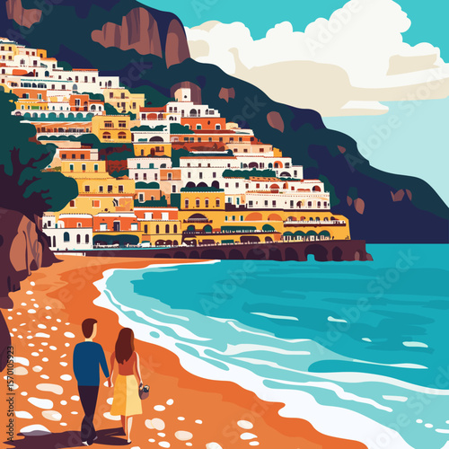Colorful Coastal Village Overlooking the Sea