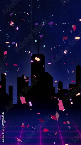 Animation of confetti and cityscape on blue background