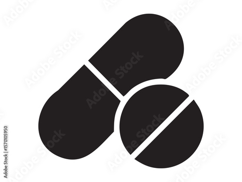 Black silhouette icon of two capsules, isolated on white background, graphic illustration. concept of medicine, pills, pharmaceuticals, health, medication, icon, logo, design element