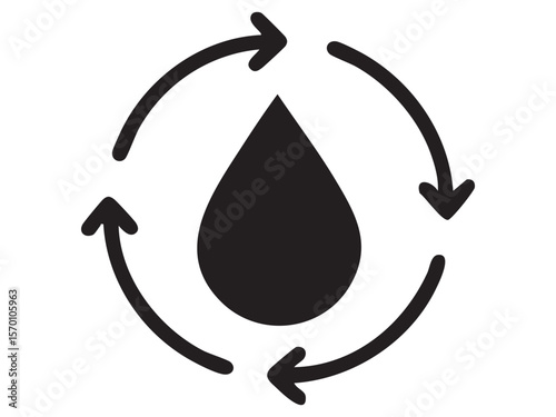 Black icon of water drop with circular arrows around isolated on white background, graphic illustration. Concept of water recycling, sustainability, eco conservation, hydration, renewable resource
