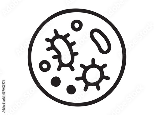 Black outline of bacteria and germs isolated in a circular petri dish on white background, graphic illustration. concept of microbiology, germs, pathogens, science icon, logo, design element