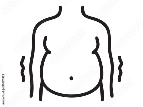 Black outline of male fat belly with shaking effect lines, isolated on white background, graphic illustration. Concept of obesity, weight gain, belly fat, body shape, health risk, design element
