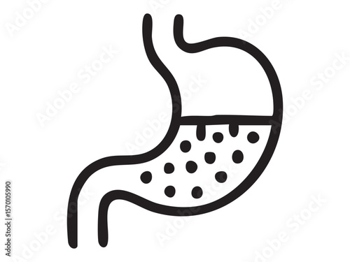 Black outline of stomach with bubbles in simplified icon style, isolated on white background, graphic illustration. concept of medical symbol, anatomy, healthcare, biology, design element