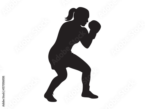Black silhouette of female boxer in action pose, isolated on white background, graphic illustration. concept of fitness, martial arts, strong woman, icon, logo, design element