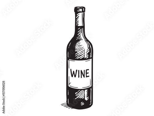 Black and white sketch of a wine bottle isolated on white background, graphic illustration. concept of wine, beverage, alcohol, drink, icon, logo, design element.