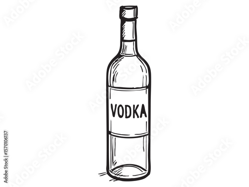 Black outline of vodka bottle isolated on white background, graphic illustration. concept of beverage, alcoholic drink, bottle design, icon, logo, design element