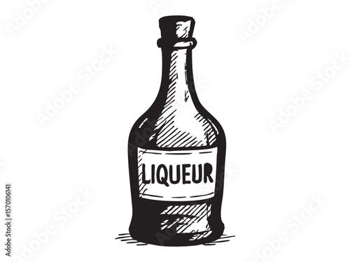 Black line art of liqueur bottle on white background, graphic illustration. concept of alcohol, beverage, icon, logo, design element, drinks, isolated image