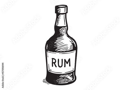 Black sketch of rum bottle, isolated on white background, graphic illustration. concept of beverage, alcohol, distilled spirit, icon, logo, design element