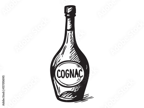 Black outline sketch of cognac bottle isolated on white background, graphic illustration. concept of alcohol, beverage, drink, wine, design element, icon, logo, art.