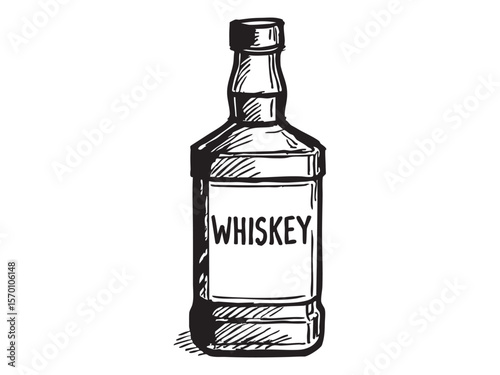 Hand-drawn illustration of whiskey bottle, black and white graphic on white background. concept of beverage, alcohol, distillery, drink icon, design element