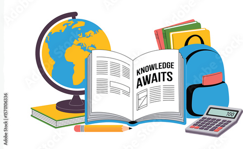 Illustration of school supplies with globe book backpack pencil and calculator