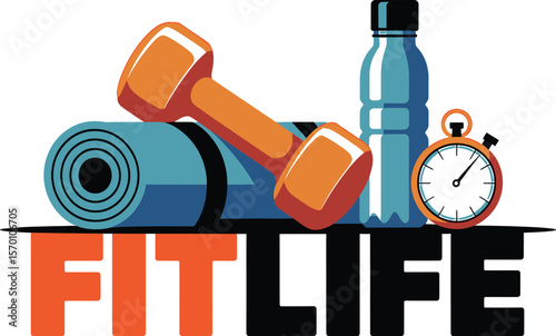 Illustration of dumbbell yoga mat water bottle and stopwatch with fit life text