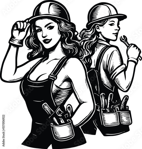 Women posing with mechanic tools vector black silhouette print design