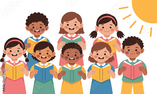 Illustration of diverse children reading books together under a bright sun icon