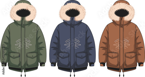 Warm Winter Parka Jackets Collection with Fur Hoods, Ideal for Cold Weather Outerwear and Outdoor Apparel Design, Various Colors.