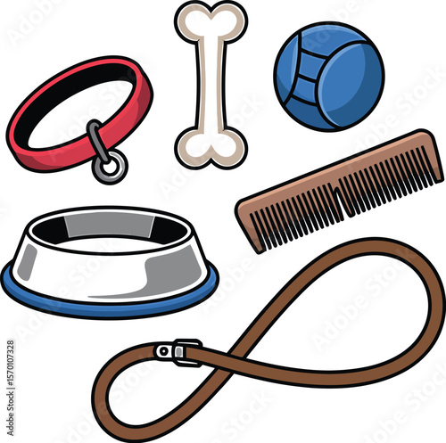 A collection of dog accessories including a collar bowl toy and grooming brush