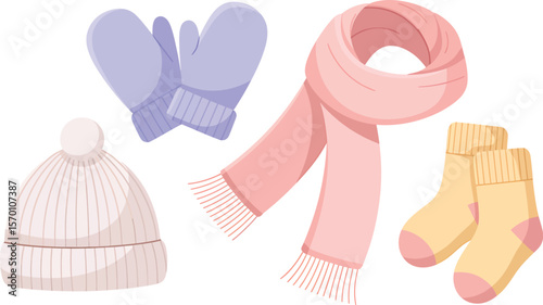 Illustration of winter clothing including a hat mittens scarf and pair of socks