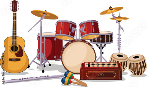 Illustration of various musical instruments including guitar and drum set