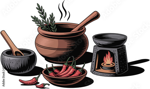 Illustration of herbs, peppers, and an oil burner on a white background art
