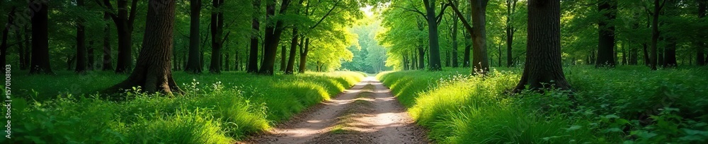 Fototapeta premium Sun-Dappled Path Winding Through Lush Green Forest An Adventurous Journey Awaits