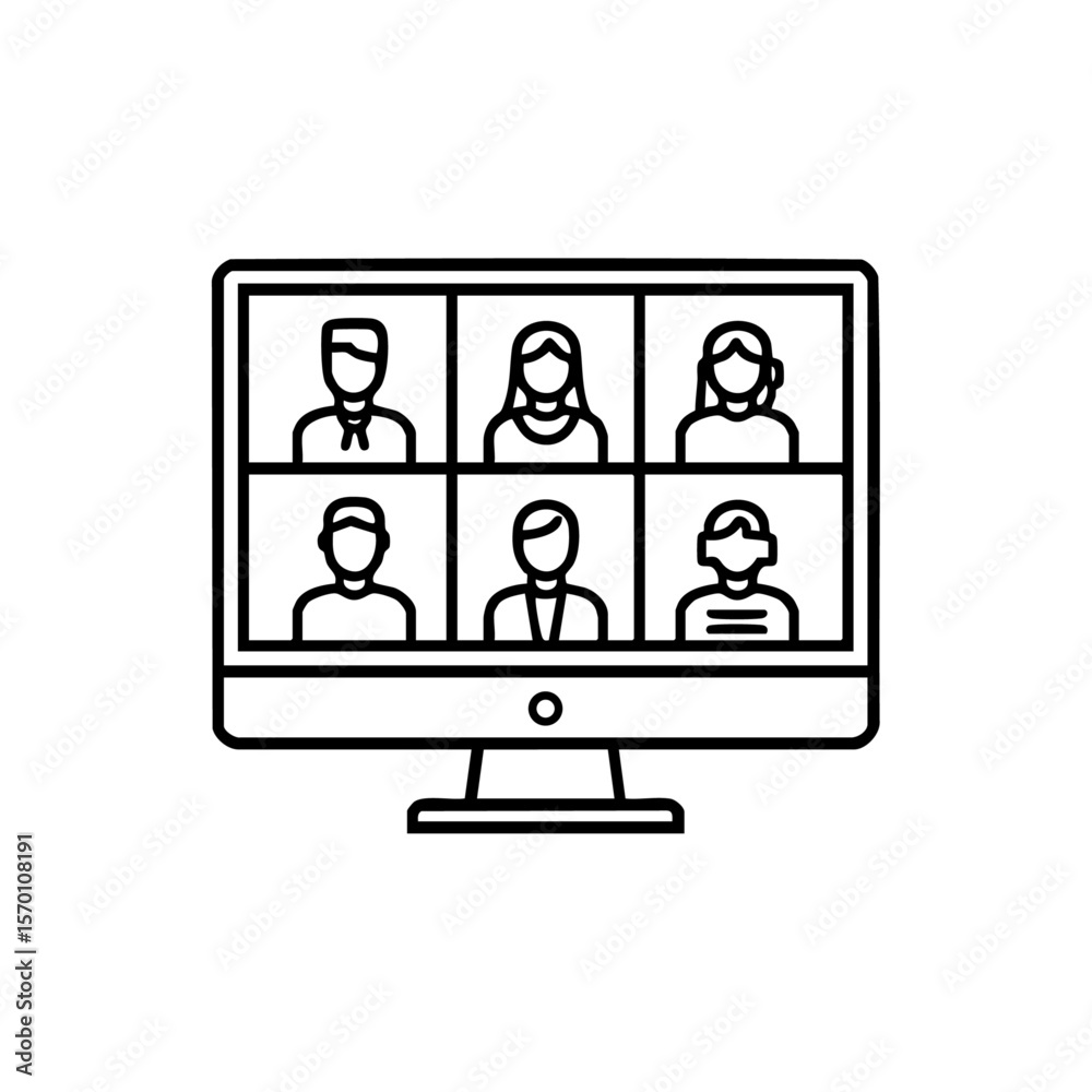 Fototapeta premium Computer screen with people in video call grid – symbolizing virtual meeting, remote work, and online collaboration.