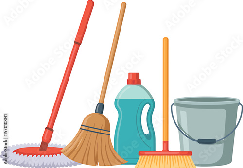 A collection of cleaning supplies including mops brooms bucket and cleaning fluid