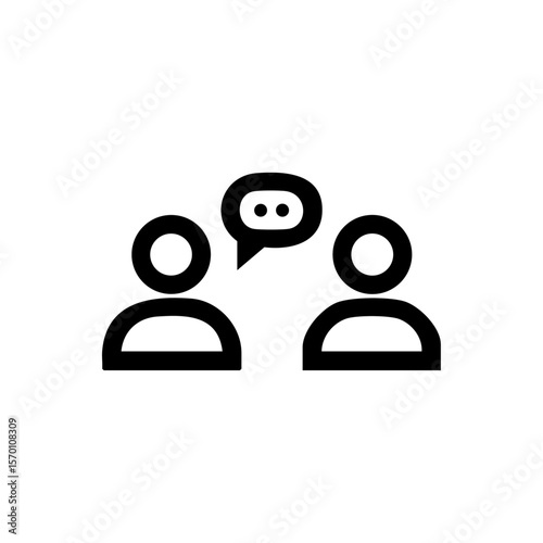 Minimalist icon of two people with a shared chat bubble, symbolizing communication, collaboration, and teamwork.
