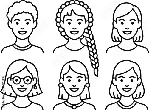 A collection of six line drawing portraits of different women with hairstyles