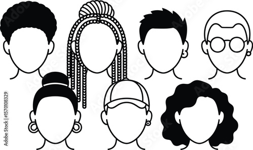 Illustration of seven diverse faceless figures with different hairstyles and accessories