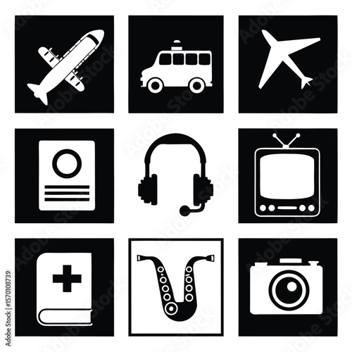 Airplane bus passport headphones television medical book saxophone camera vector