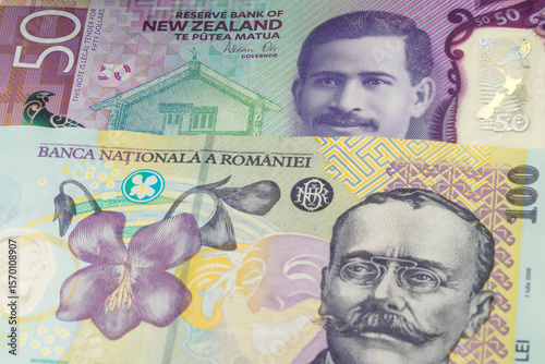 Wallpaper Mural 50 New Zealand dollar and 100 Romanian leu banknotes. International trade concept Torontodigital.ca