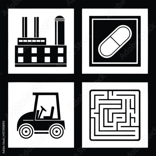 Factory pill cart maze symbols industrial building