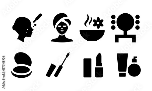 Skincare and Makeup Icons. Minimalist black silhouette icon set with skincare and makeup elements. A woman with a towel on her head, facial steaming bowl, beauty product bottles and more.
