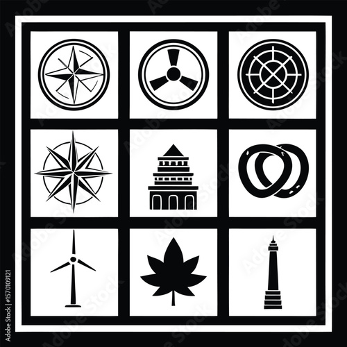 Collection of black and white icons featuring compasses building wind turbine leaf and tower