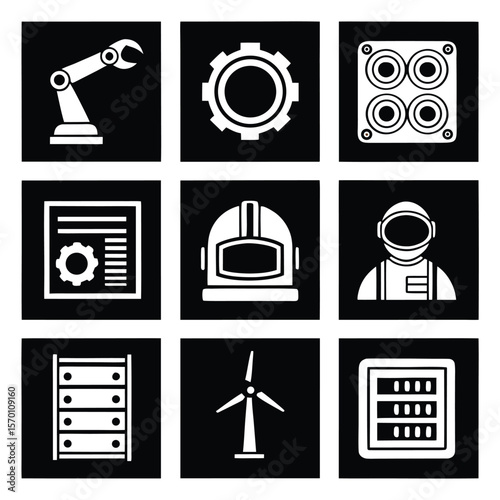 Industrial icons including robot arm gear astronaut helmet wind turbine technology