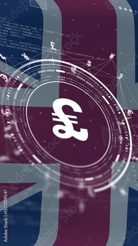 Animation of pound symbol and data over flag of great britain