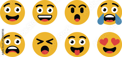 A collection of eight yellow emoji faces expressing various emotions and feelings